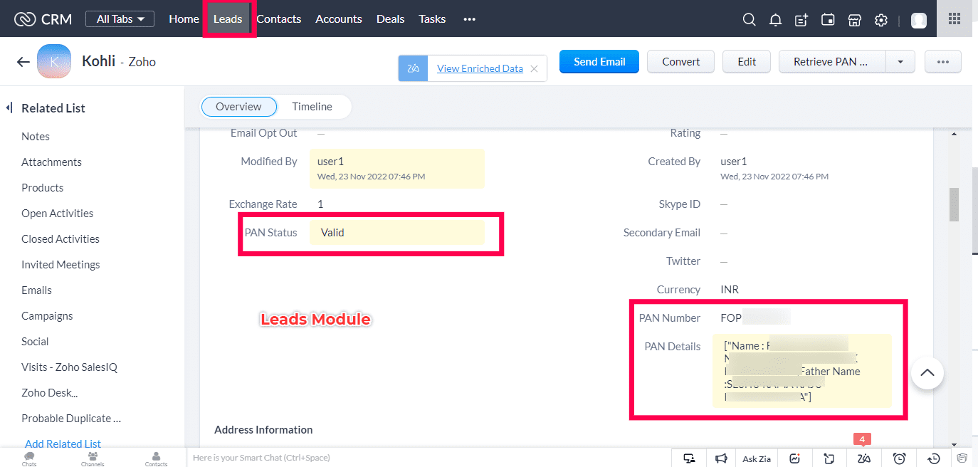 PAN detail retrieval for Zoho CRM