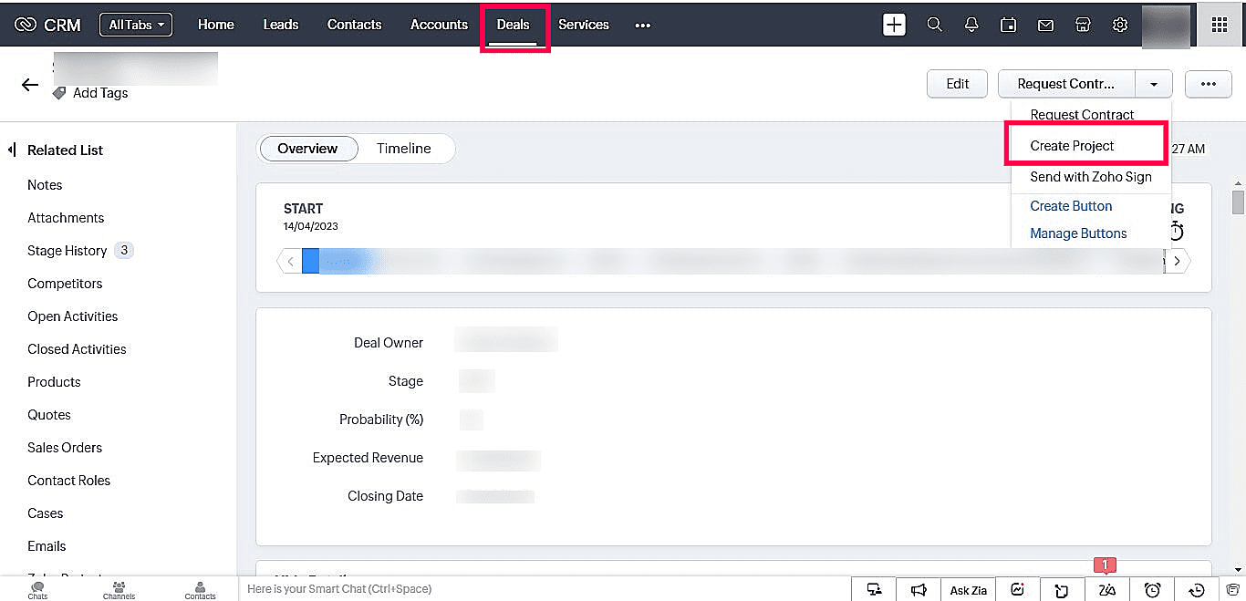 Deals to project mapping for Zoho CRM