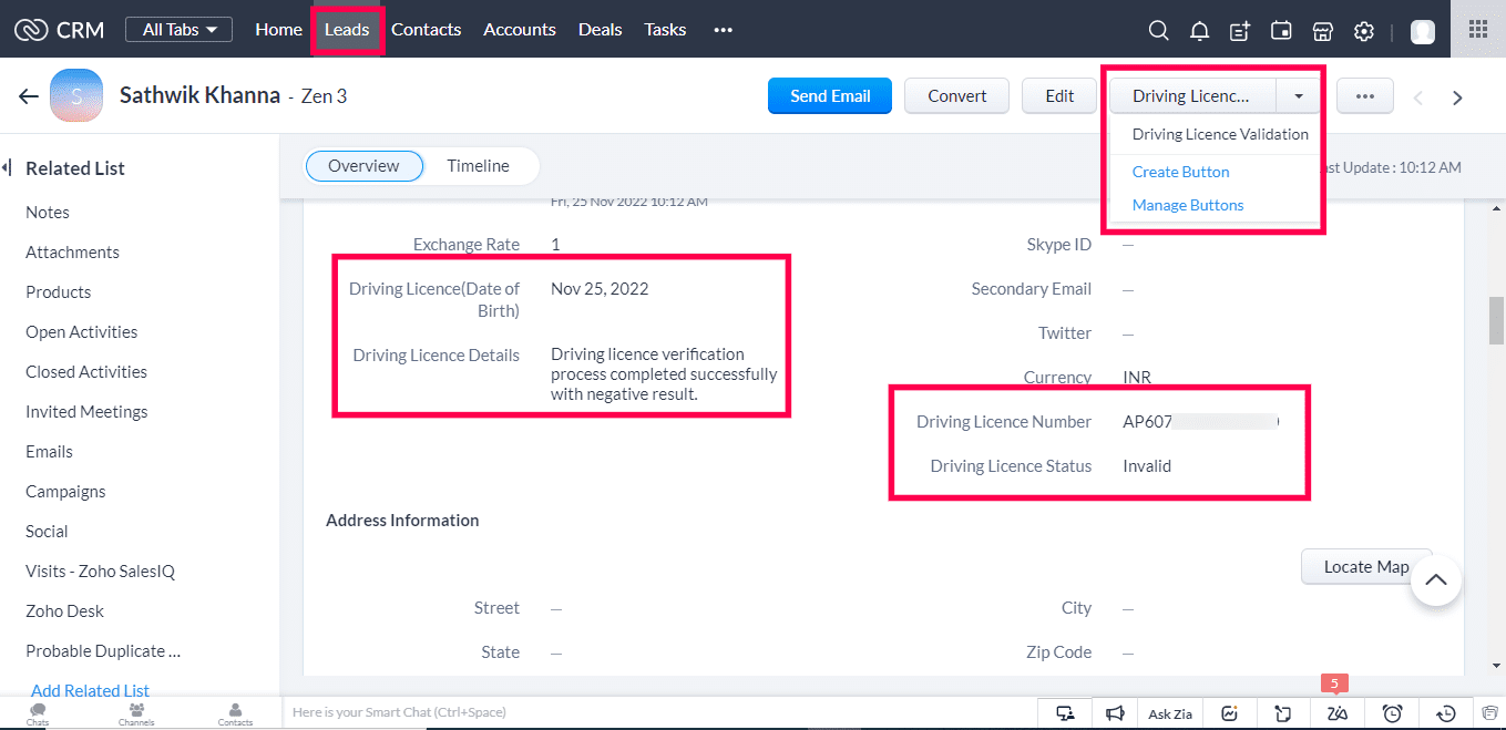 Driving Licence Validation for Zoho CRM