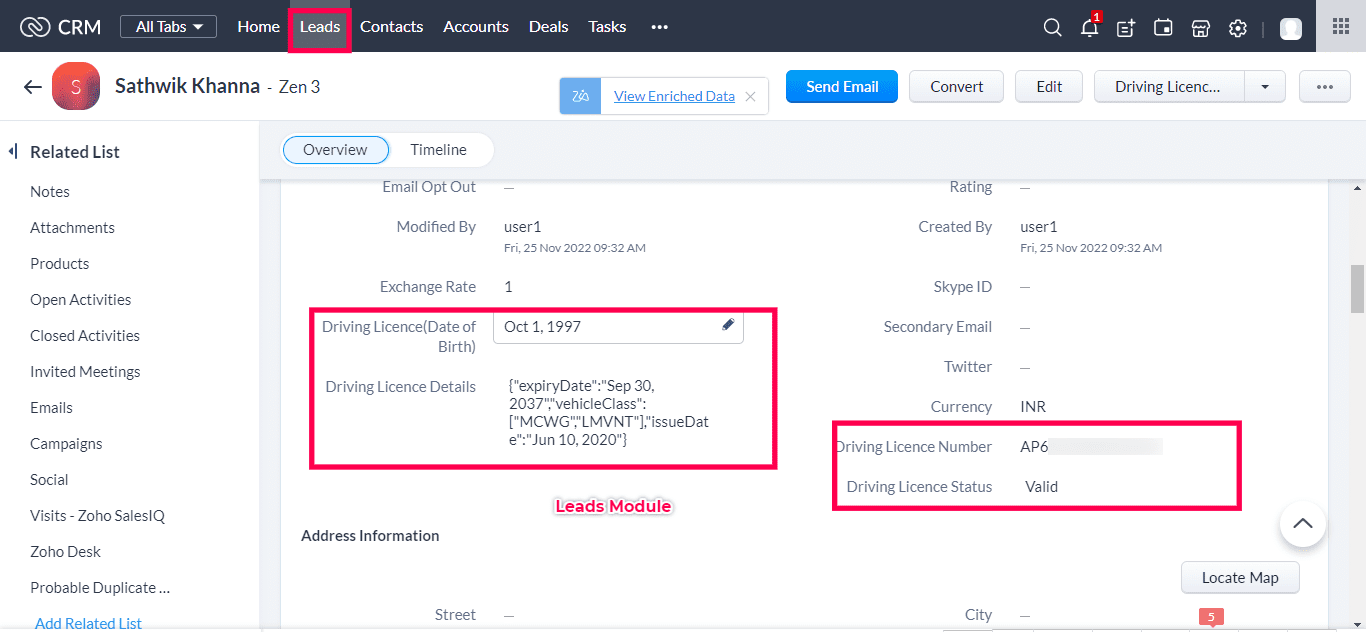 Driving Licence validation for Zoho CRM