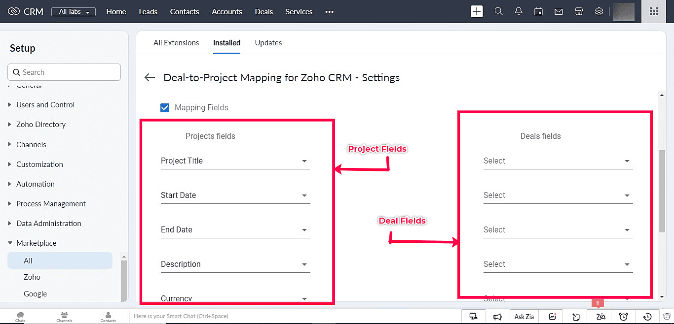 Deals to project mapping for Zoho CRM