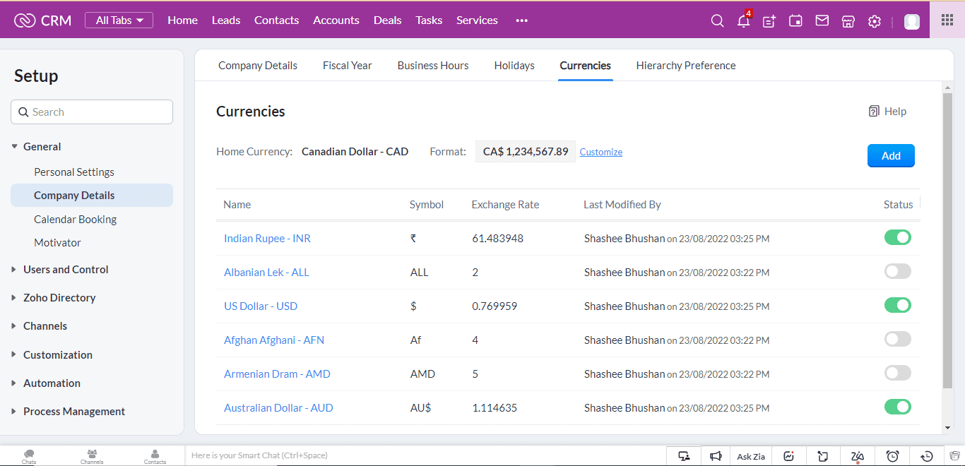 Auto Update Exchange Rate for ZOHO CRM