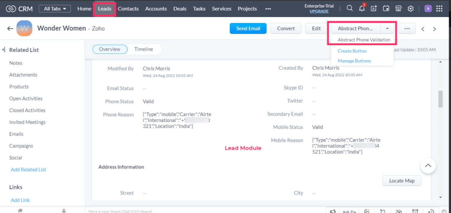 Abstarct Phone verifier for Zoho CRM