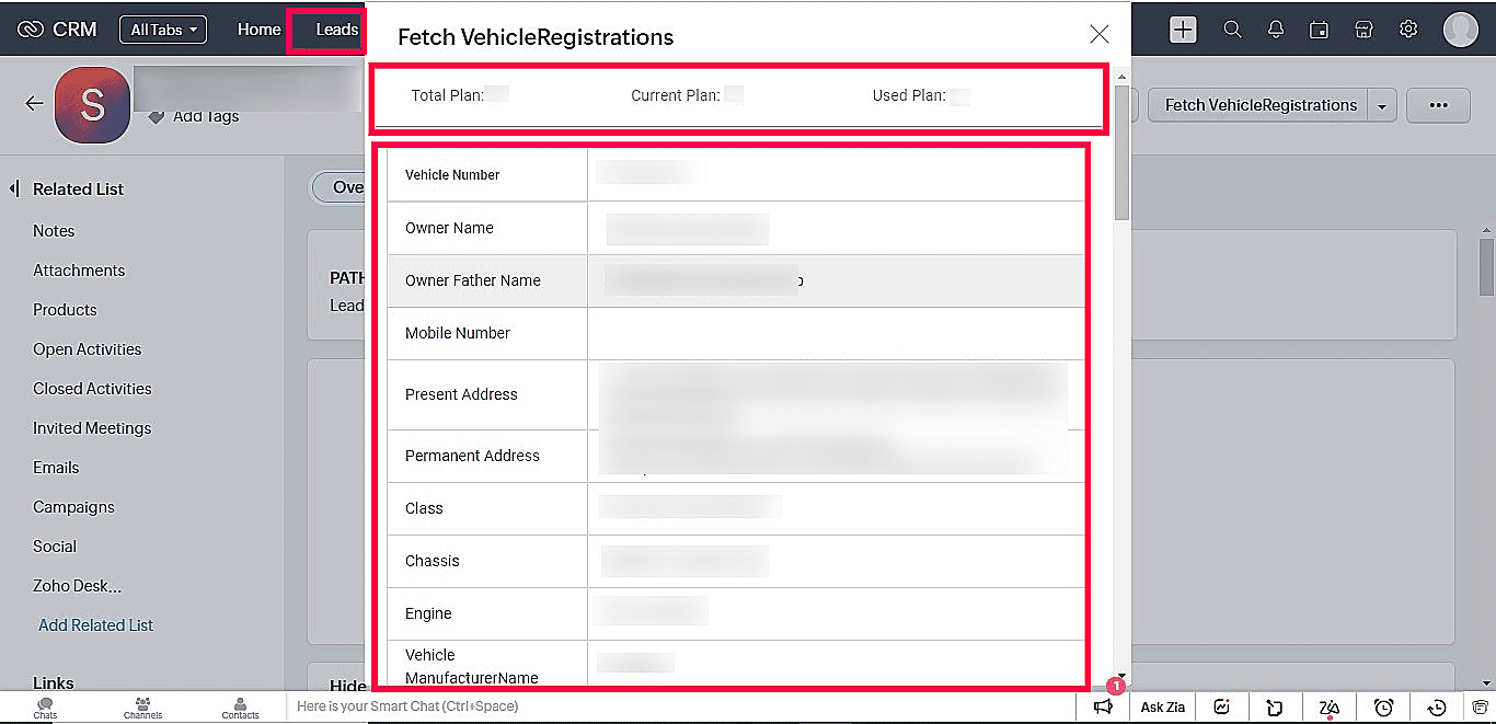 Fetch Vehicle Registration for Zoho CRM