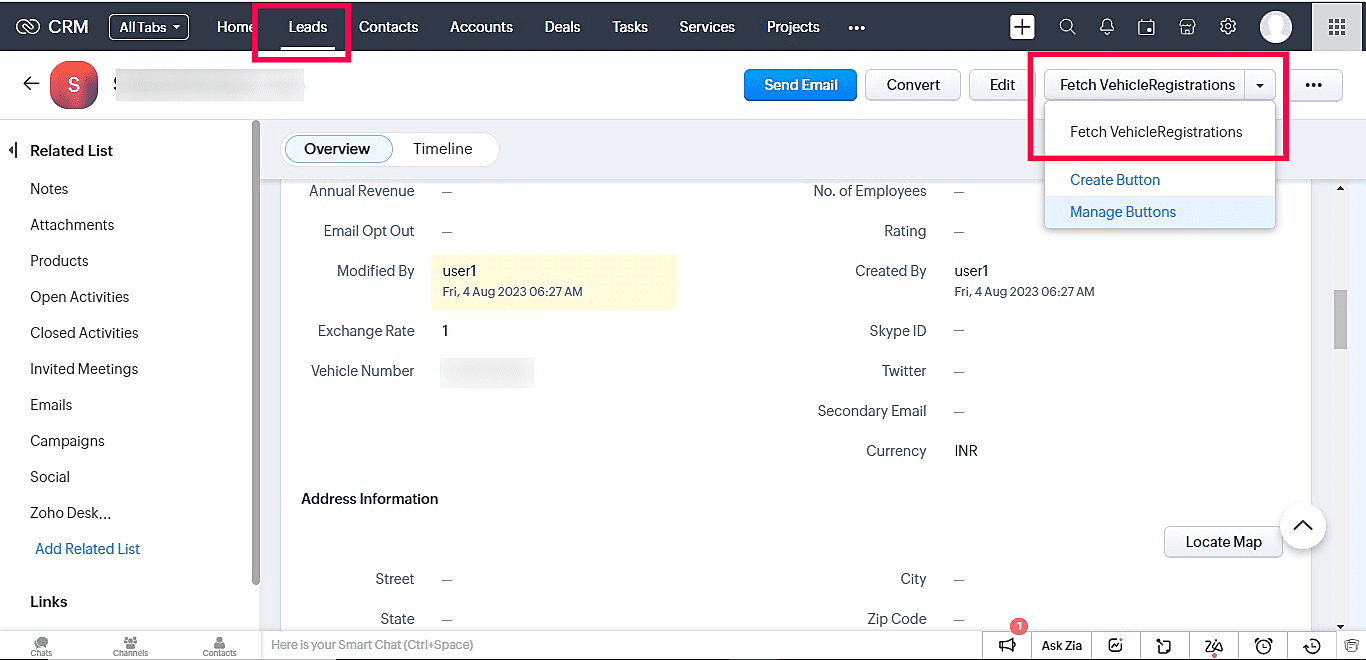 Fetch Vehicle Registration for Zoho CRM