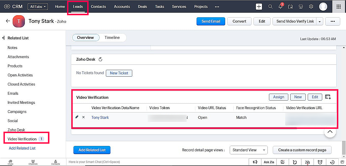 Video Verification for Zoho CRM