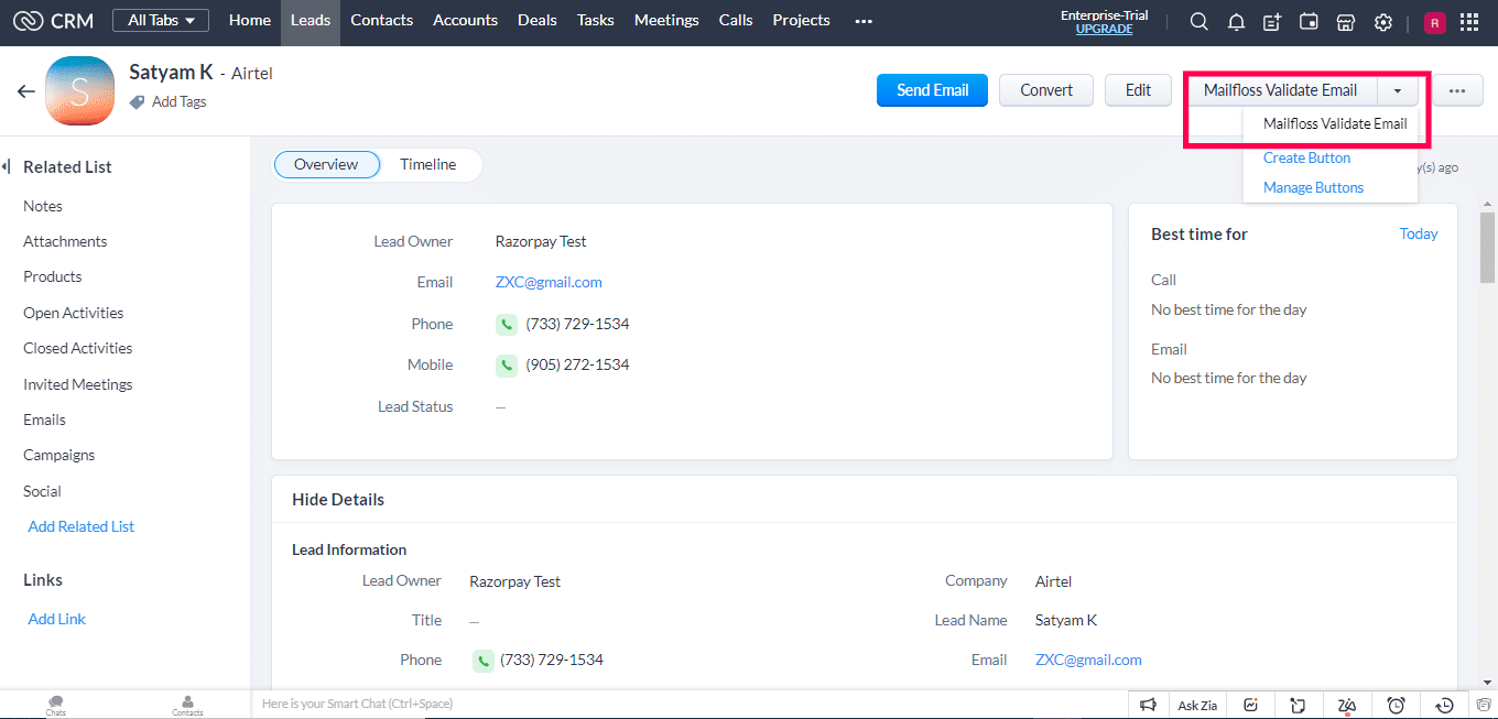 Mailfloss Email verification for Zoho CRM