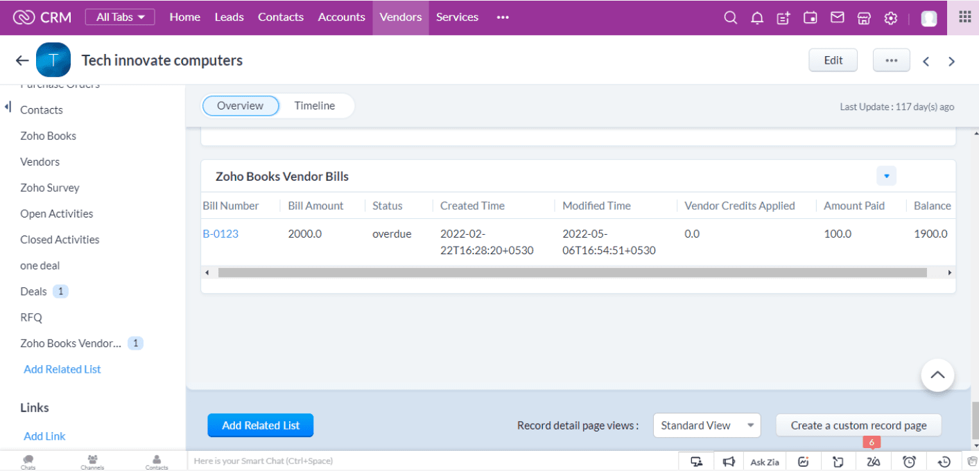 Zoho Books vendor bills relate list for Zoho CRM
