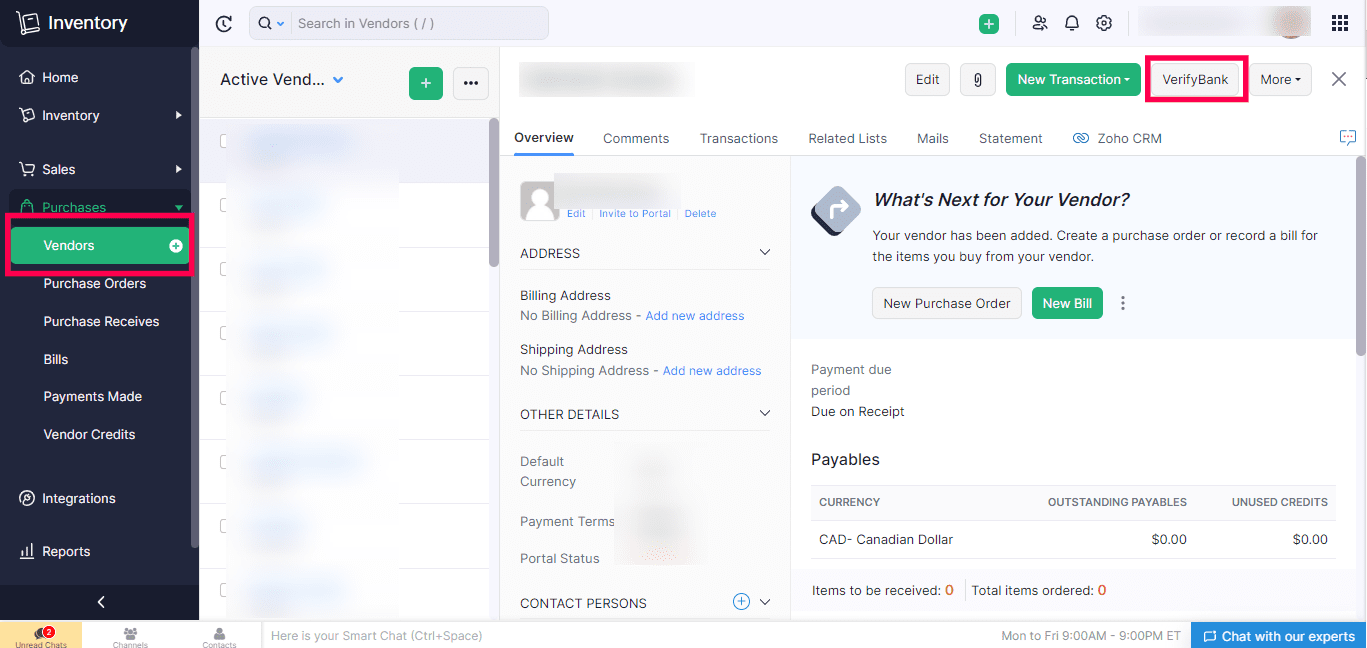 Bank Verification for Zoho Inventory