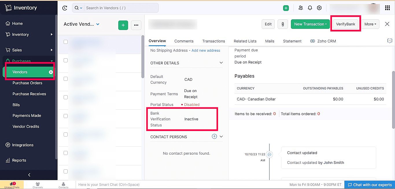 Bank Verification for Zoho Inventory
